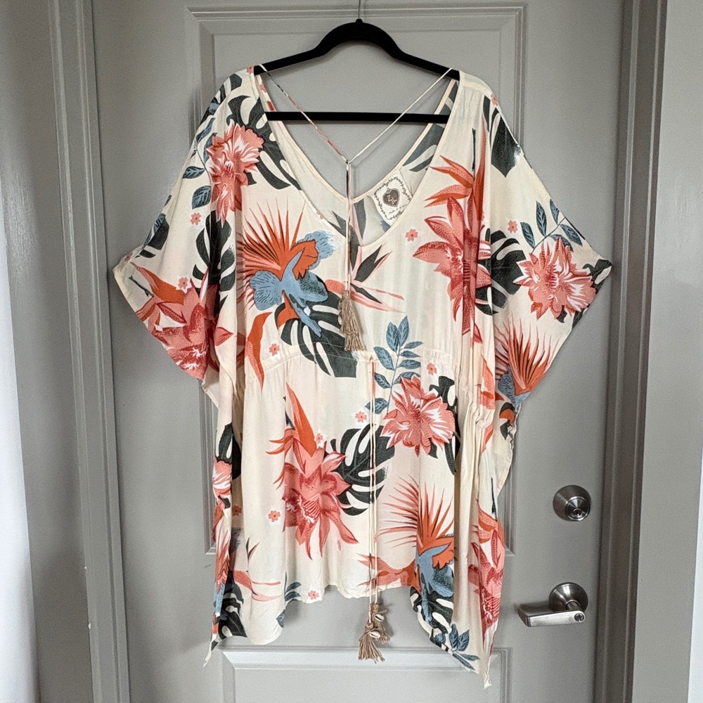 Z&L Europe Tropical Floral Kaftan Cover Up L Shell Tassels